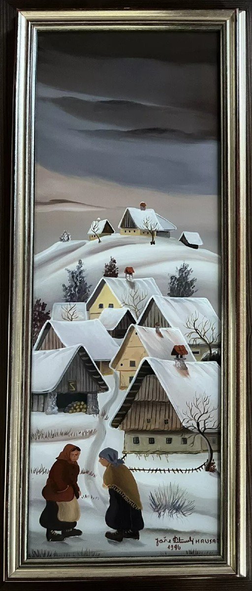 Slovenia Naif Village Snow Painting Naive Painting Signed Jozé Peternelj-mausar-photo-3