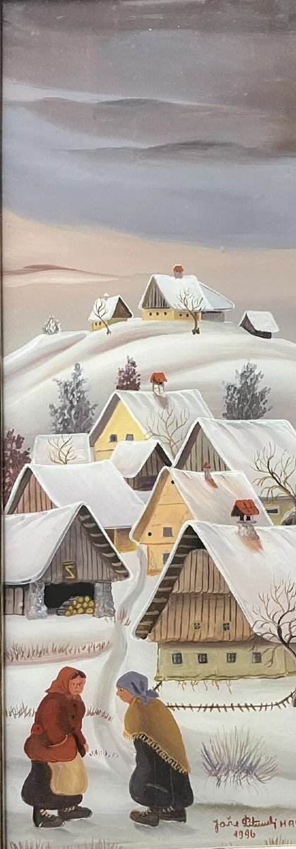 Tableau  Slovénie Naif Village Neige  Peinture Naïve Signée Jozé Peternelj-mausar