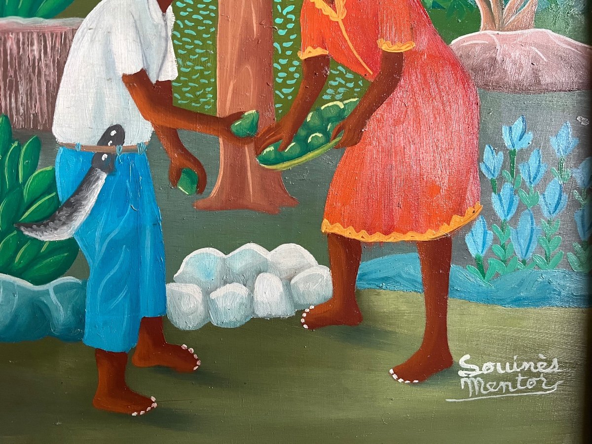 Tableau Naïf école Naïve Haïti Scène De Village Signée Louines Mentor ( 1936- 2018 )-photo-2