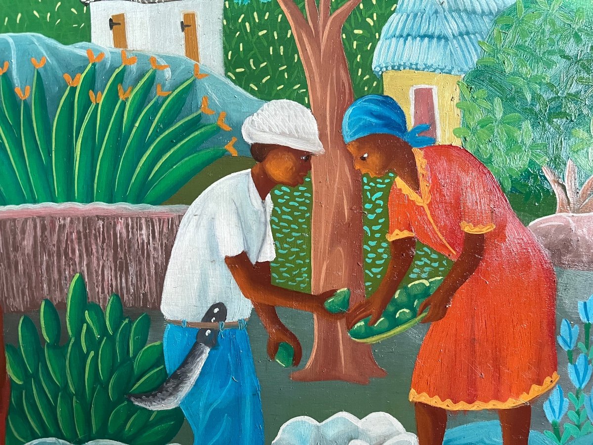 Tableau Naïf école Naïve Haïti Scène De Village Signée Louines Mentor ( 1936- 2018 )-photo-3