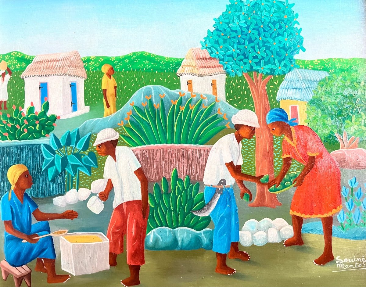 Tableau Naïf école Naïve Haïti Scène De Village Signée Louines Mentor ( 1936- 2018 )-photo-4