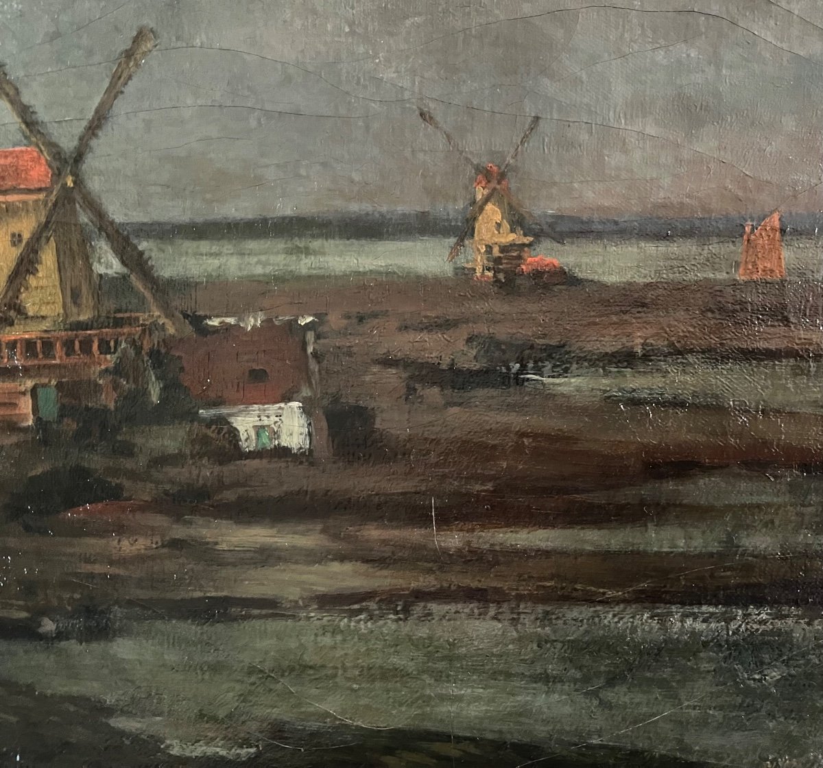 Tableau Marine Moulin Au Bord De L’escaut Peinture Signée Albert Boufflet Vers 1900-photo-3