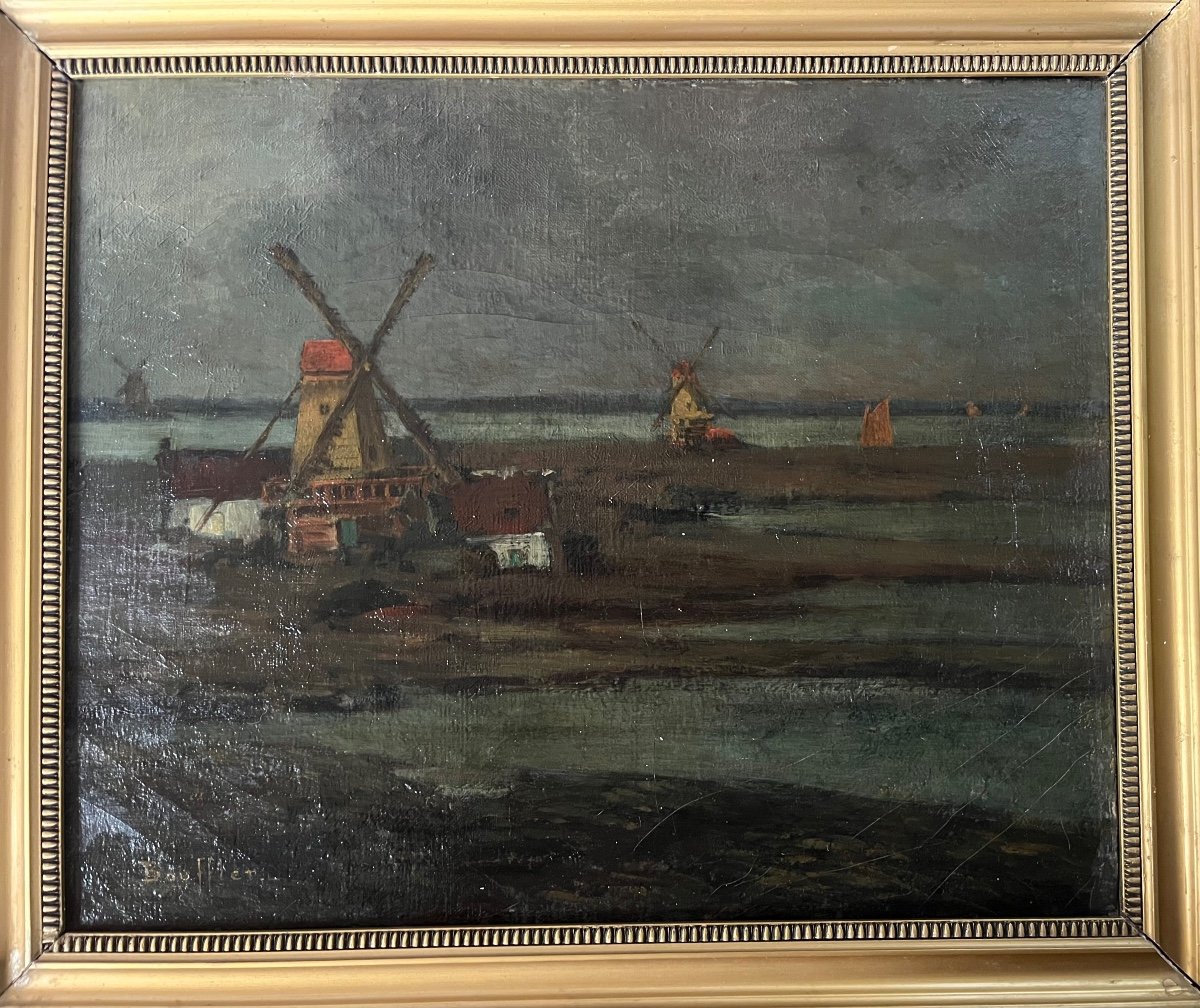 Tableau Marine Moulin Au Bord De L’escaut Peinture Signée Albert Boufflet Vers 1900-photo-6