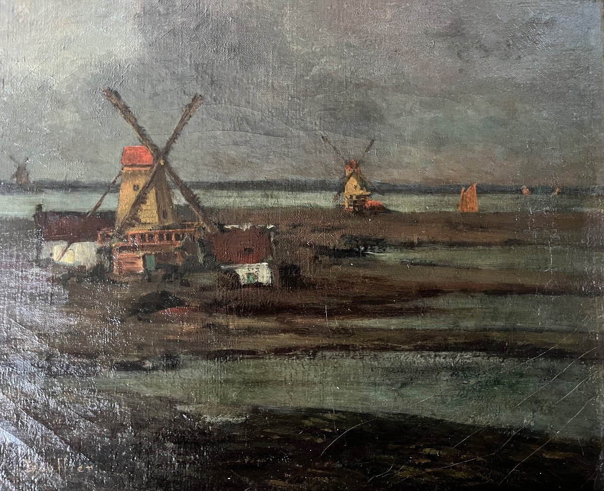 Tableau Marine Moulin Au Bord De L’escaut Peinture Signée Albert Boufflet Vers 1900