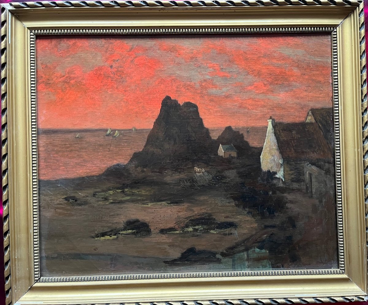 Tableau marine Bretagne coucher de Soleil  Peinture fauve  Signée Albert Boufflet Vers 1900-photo-2