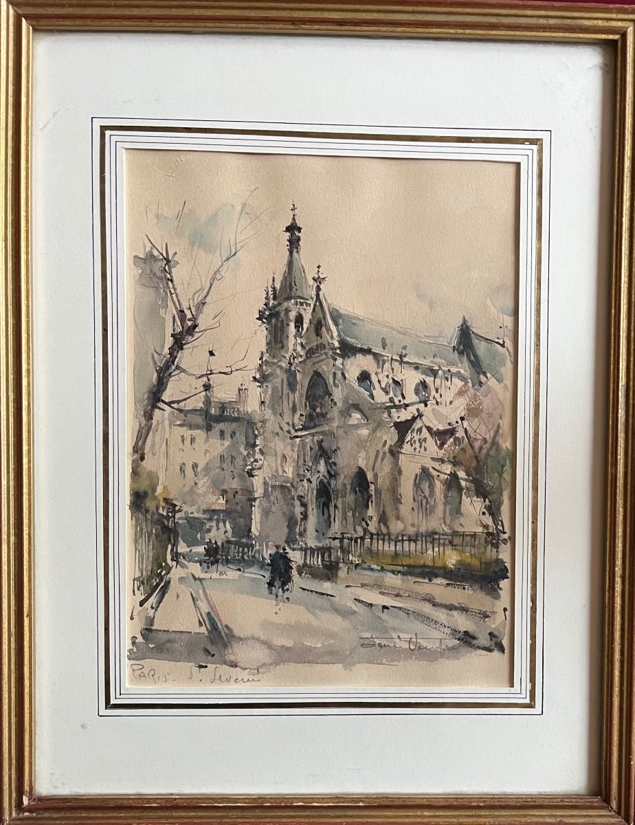 Painting Paris Gothic Church Saint Severin Watercolor Signed Denis Verspecht 1919-1996-photo-1