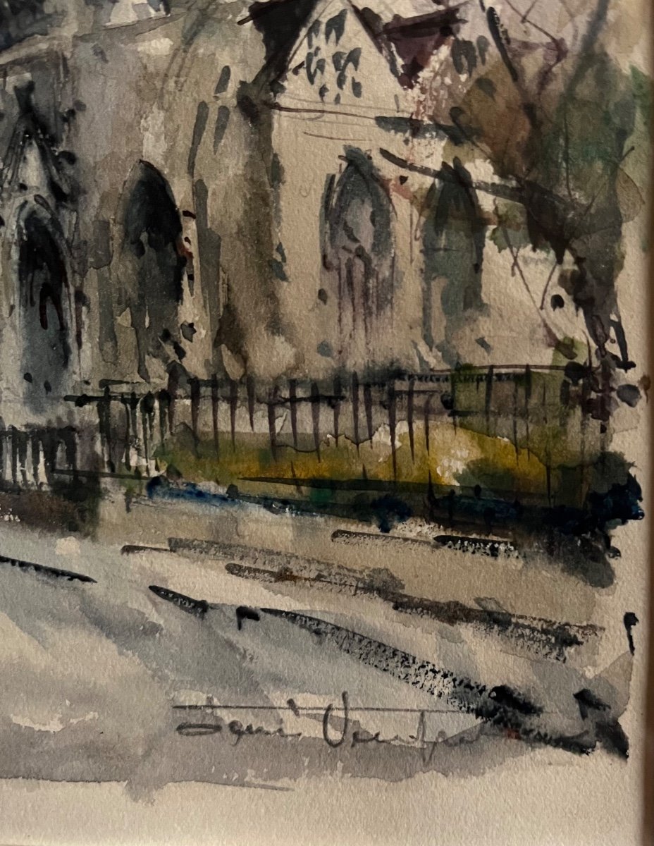 Painting Paris Gothic Church Saint Severin Watercolor Signed Denis Verspecht 1919-1996-photo-2