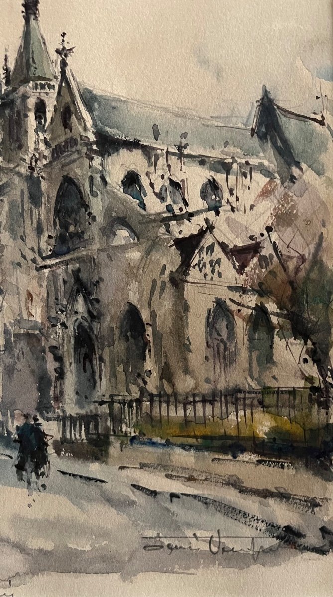 Painting Paris Gothic Church Saint Severin Watercolor Signed Denis Verspecht 1919-1996-photo-5