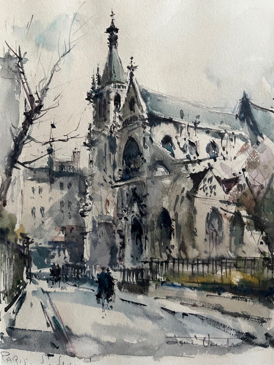 Painting Paris Gothic Church Saint Severin Watercolor Signed Denis Verspecht 1919-1996-photo-6