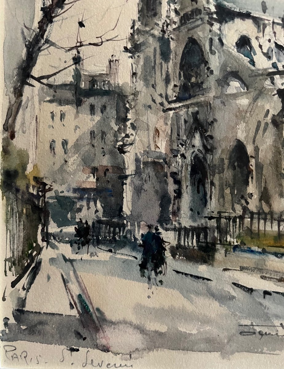 Painting Paris Gothic Church Saint Severin Watercolor Signed Denis Verspecht 1919-1996-photo-7