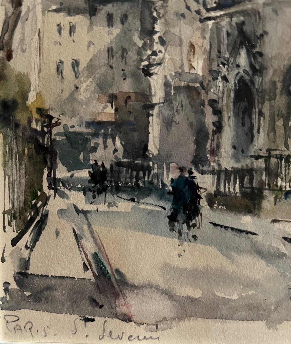 Painting Paris Gothic Church Saint Severin Watercolor Signed Denis Verspecht 1919-1996-photo-8