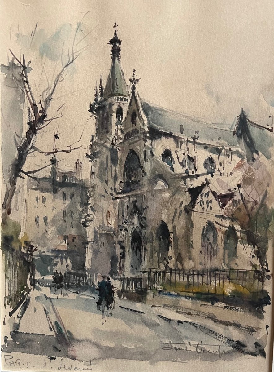 Painting Paris Gothic Church Saint Severin Watercolor Signed Denis Verspecht 1919-1996