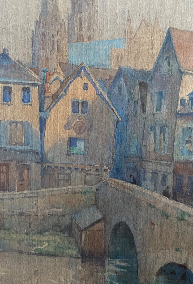 Old Chartres Painting Watercolor Signed And Dated Victor Maunier 1933-photo-3