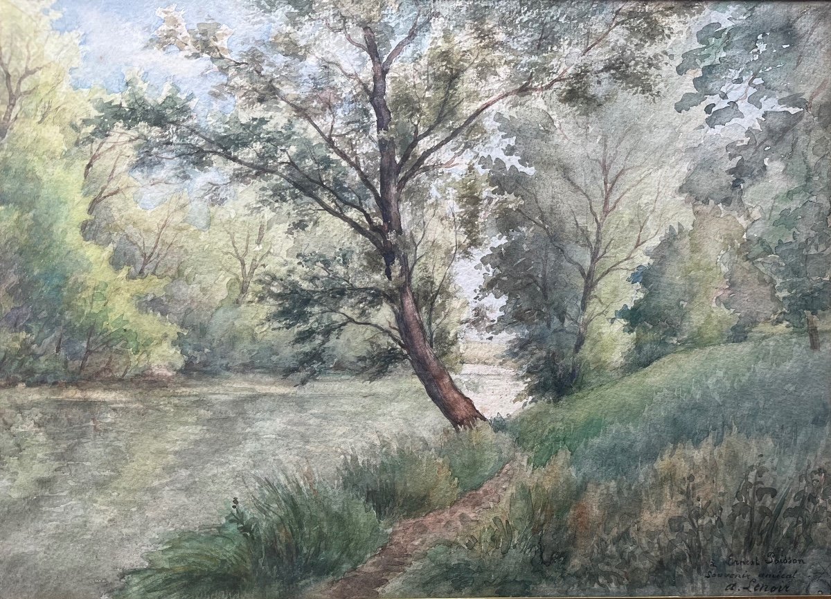 Tableau ancien Paysage De Campagne Au Bord De L’eau Aquarelle  Signée  Lenoir-photo-1