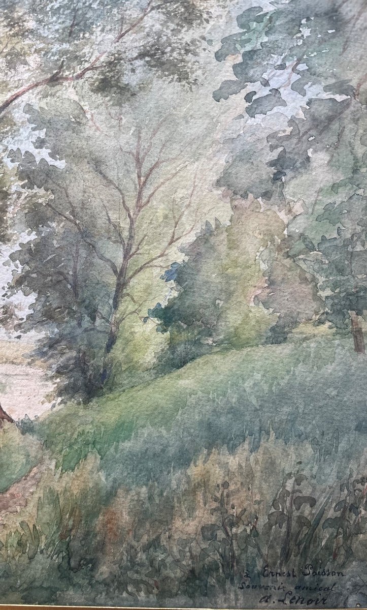 Tableau ancien Paysage De Campagne Au Bord De L’eau Aquarelle  Signée  Lenoir-photo-3