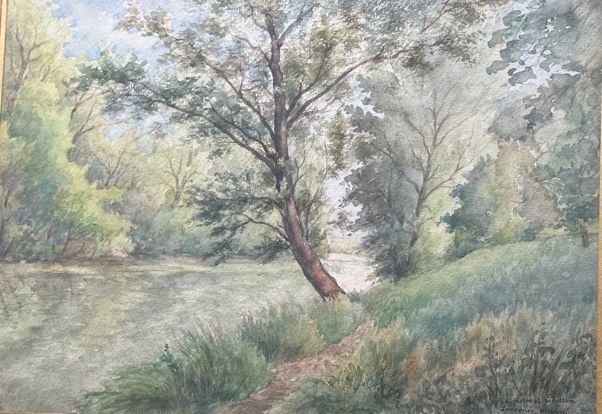 Tableau ancien Paysage De Campagne Au Bord De L’eau Aquarelle  Signée  Lenoir-photo-5