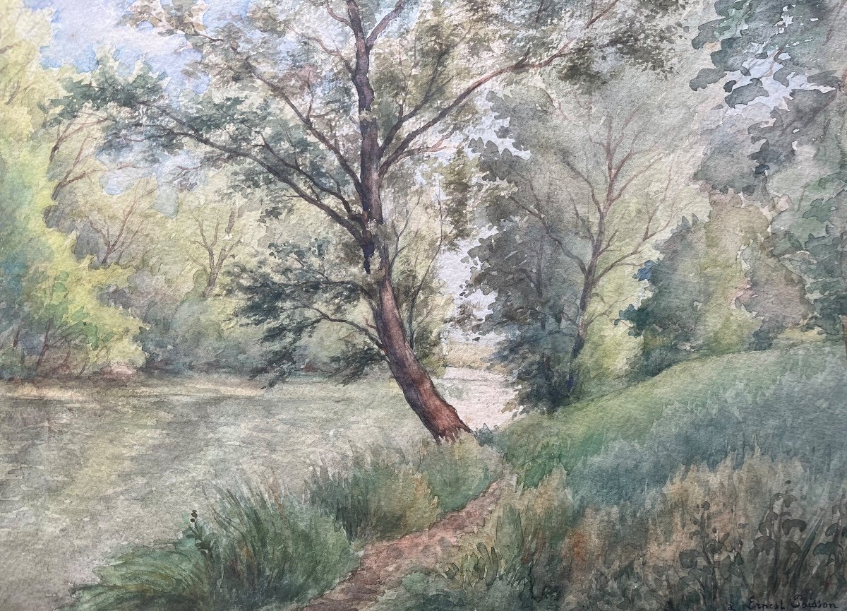 Tableau ancien Paysage De Campagne Au Bord De L’eau Aquarelle  Signée  Lenoir