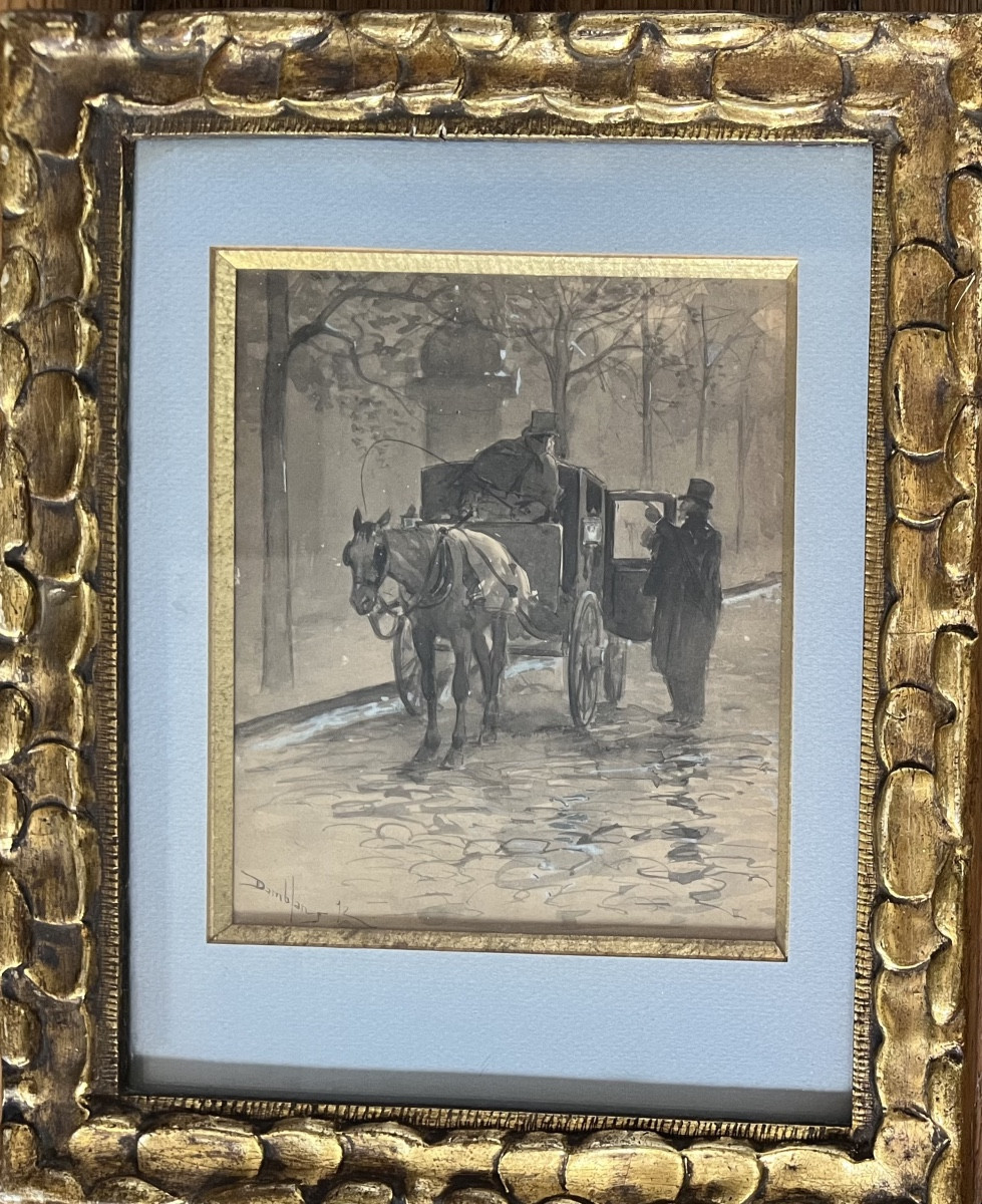 Tableau XIX &egrave;me Paris Kiosque Fiacre Encre De 1892 sign&eacute;e Eug&egrave;ne Damblanc dit Damblans  -photo-3