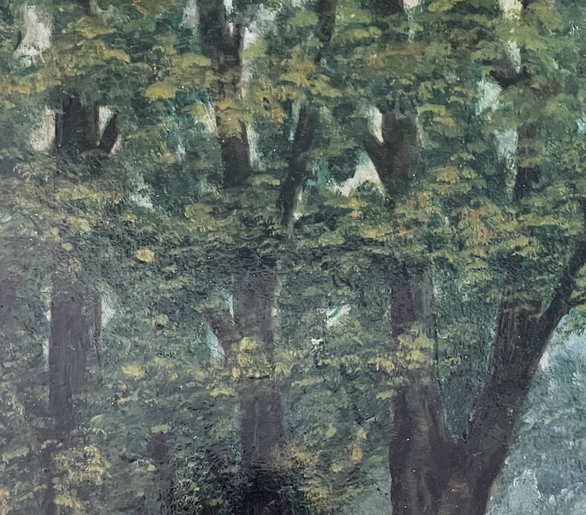 Tableau Naïf Paysage Aux Arbres Peinture Début XX ème Anonyme. Cadre Doré à La Feuille-photo-4