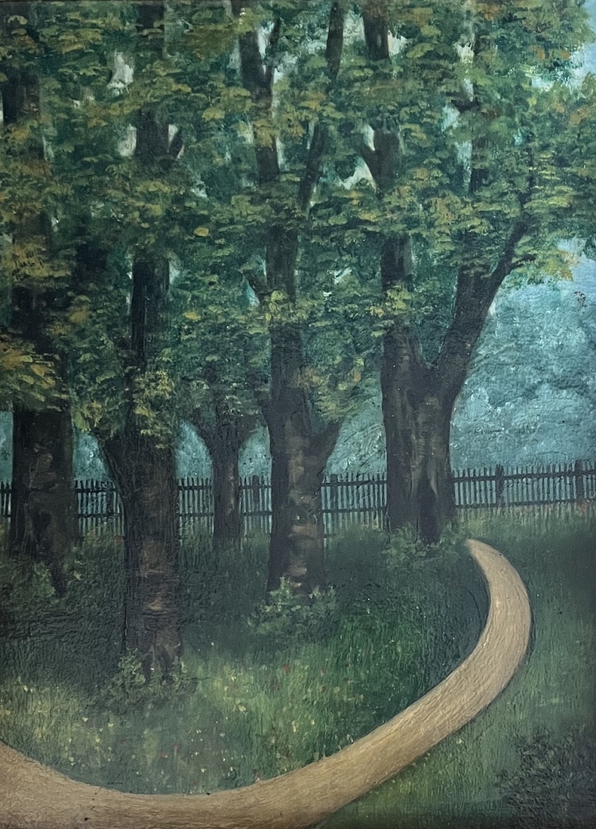 Tableau Naïf Paysage Aux Arbres Peinture Début XX ème Anonyme. Cadre Doré à La Feuille