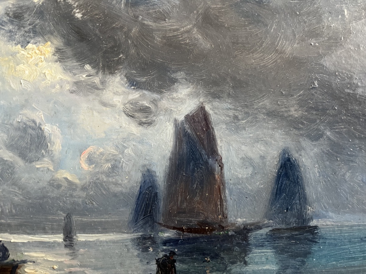 Marine Painting Sailing Boats Fishing In The Moonlight Painting Signed Gaston Corbier (1869-1945)-photo-3