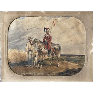 Ed Swebach 1800-1870 - Painting Militaria Soldier Cavalier Peasant Watercolor Signed