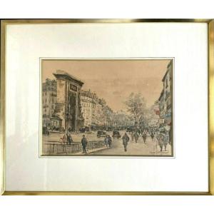 Henri Noizeux (1871 -?) Paris The Grands Boulevards Watercolor Signed