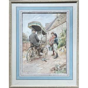 A. Pichon - Realism Painting The Grinder In The Village Watercolor Late Nineteenth Signed