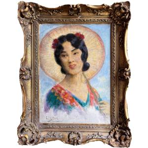 C. Lesur Born 1931 - Post Impressionism Asia Japan Portrait Of Woman Oil Signed And Framed
