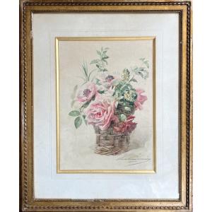 Madeleine Lemaire 1845-1928 - Tableau Nature Morte Bouquet Fleurs Aquarelle Sign&eacute;e Et Encadr&eacute;e