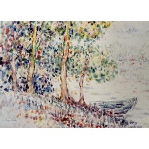  Tableau Pointilliste  paysage barque  peinture signée Lucien Boulier 1882-1963