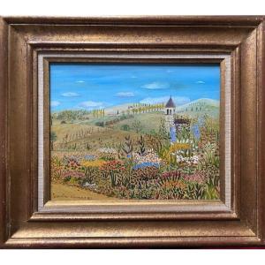 Jeanine Thomas - Naif Painting Naïve School Countryside Landscape With Flowers Painting Signed