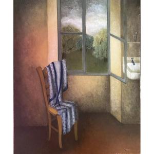 Painting Interior Scene The Blue Bathrobe Painting Signed Ibéria Lebel Born In 1956