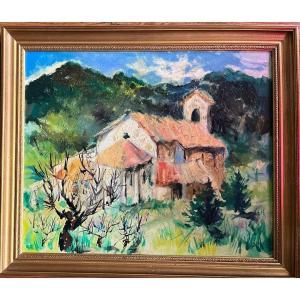 Tableau école Provençale Paysage Nice La Chapelle Romane Huile Signée Yvon Grac 1945