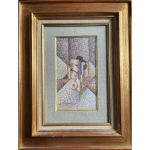 Tableau Pastel Gouache Composition Géometrique Pointilliste Peinture Signée Jacques Daibehesse