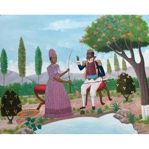 Tableau Naïf Haïti école Naïve Haïtienne Le Roi et La Reine Peinture Signée Alfred Altidor