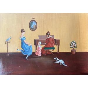 Naive Painting Music Dancing To The Sound Of The Piano Naive School Painting Signed Fernand Boilauges