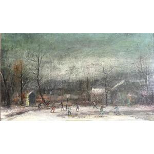 Tableau Paysage  Neige Les Joies Du Patinage Peinture Signée Guy Cambier( 1923-2008 )