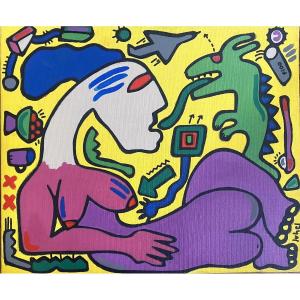 Free Figuration Painting Pop Art Painting Characters Comic Strip Signed Jean-luc Juhel