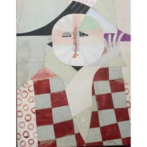 Aquarelle Et Collage Portrait lunaire Surréaliste 1974 Tableau Signé Jacques Boeri