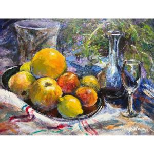 Tableau Normandie  Nature Morte Fruits Orange pommes Peinture Signée Annie Puybareau  