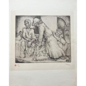 Belgian Painter Drypoint Engraving The Infirm Signed By The Hand Of Nicolas Eekman 