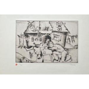 Drypoint Engraving Couple In Their Interior Signed Nicolas Eeckman 