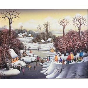 Naive Painting Animated Snow Landscape Serbian Naive School Painting Signed Dragan Mihailovic 1987