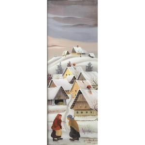 Tableau  Slovénie Naif Village Neige  Peinture Naïve Signée Jozé Peternelj-mausar