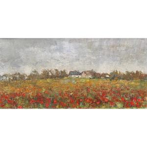 Tableau ancien  Expressionniste Paysage Aux Coquelicots Peinture Signée Violette Seigneur 