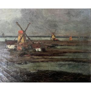 Tableau Marine Moulin Au Bord De L’escaut Peinture Signée Albert Boufflet Vers 1900