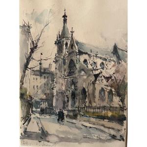 Painting Paris Gothic Church Saint Severin Watercolor Signed Denis Verspecht 1919-1996