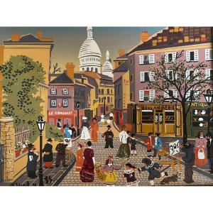 Tableau Naïf Paris Montmartre Sacré Cœur Peinture Signée Et Datée Marc Svabic 1985