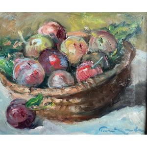 Still Life Painting Fruit Basket Expressionist Painting With Signature To Identify.